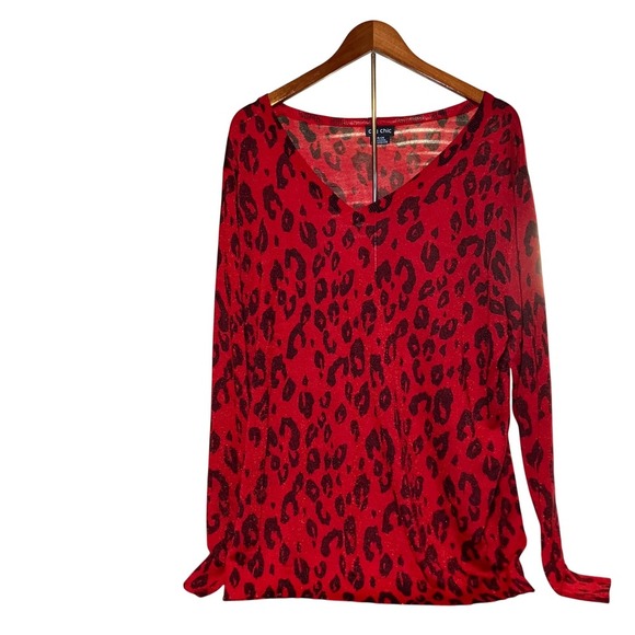 City Chic Red Leopard Print Long Sleeve V Neck Top Plus Size 2XL - Picture 1 of 4